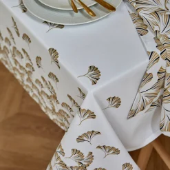 Feesttafel|Tafellaken En Tafelloper<Blancheporte Tafellaken in katoen, metallic gingkoprint wit / goudkleurig