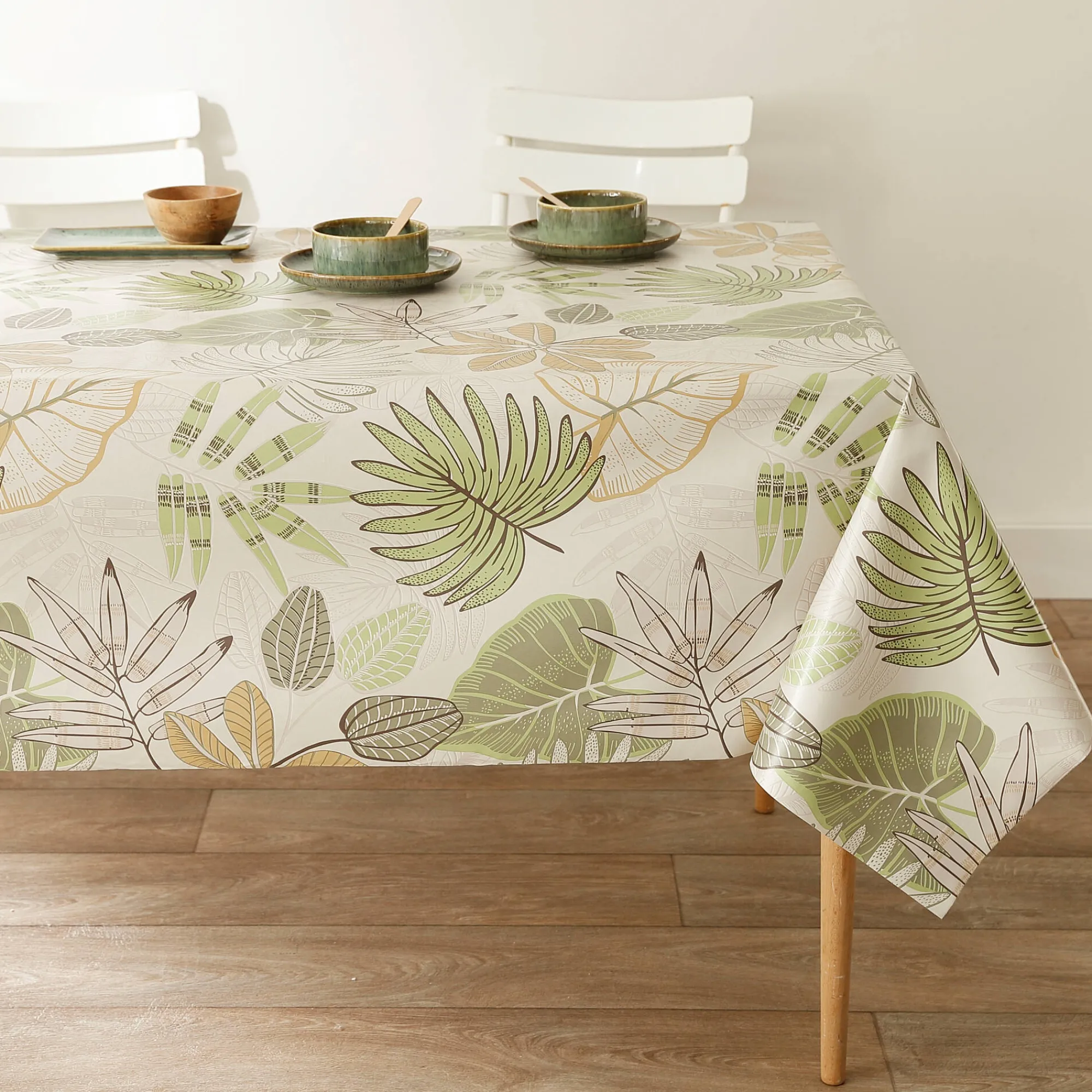 Tafelkleed<Blancheporte Tafellaken in toile cirée, met bladerenprint groen / beige