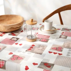 Tafelkleed<Blancheporte Tafellaken in toile cirée, hartjesmoteiven Berneix rood