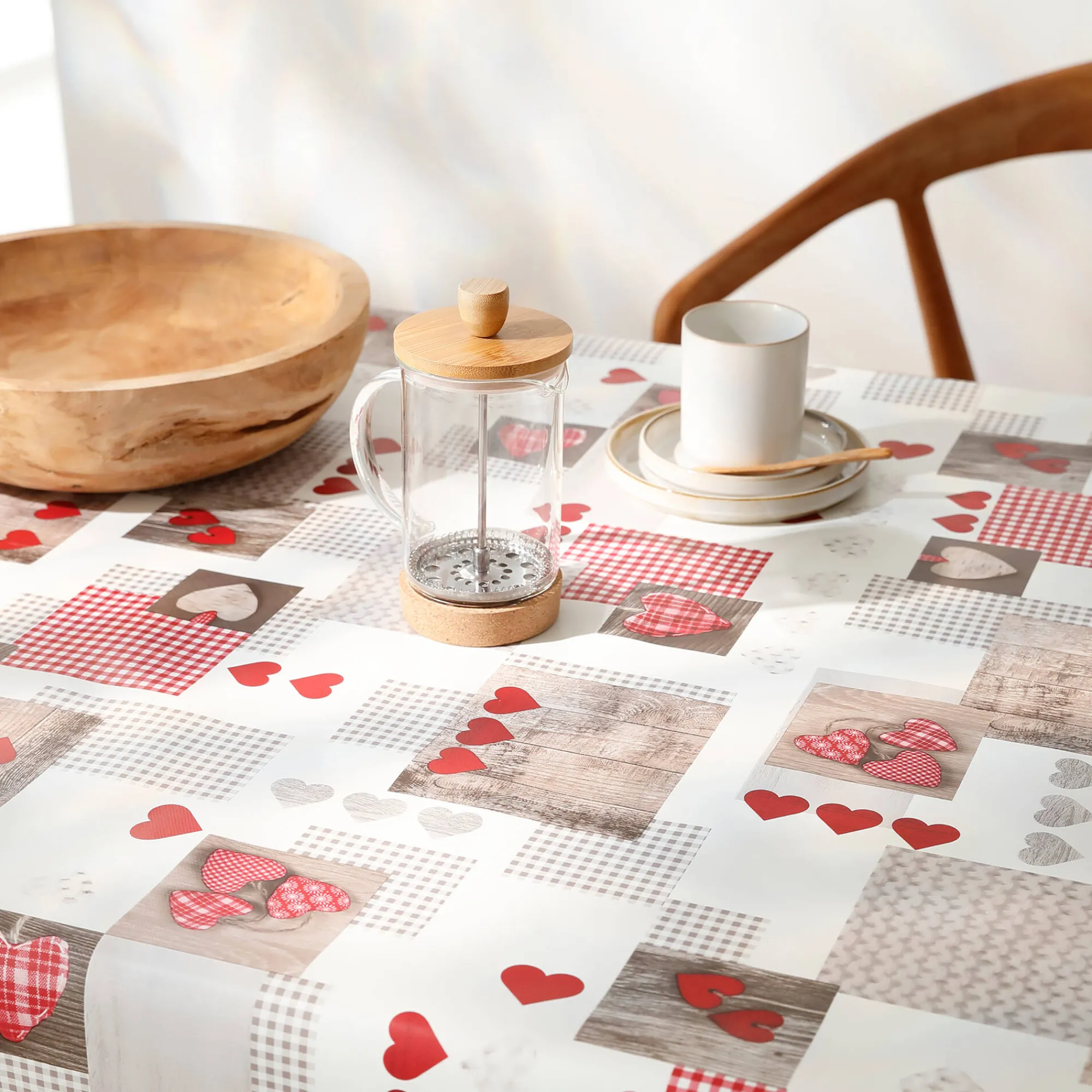 Tafelkleed<Blancheporte Tafellaken in toile cirée, hartjesmoteiven Berneix rood