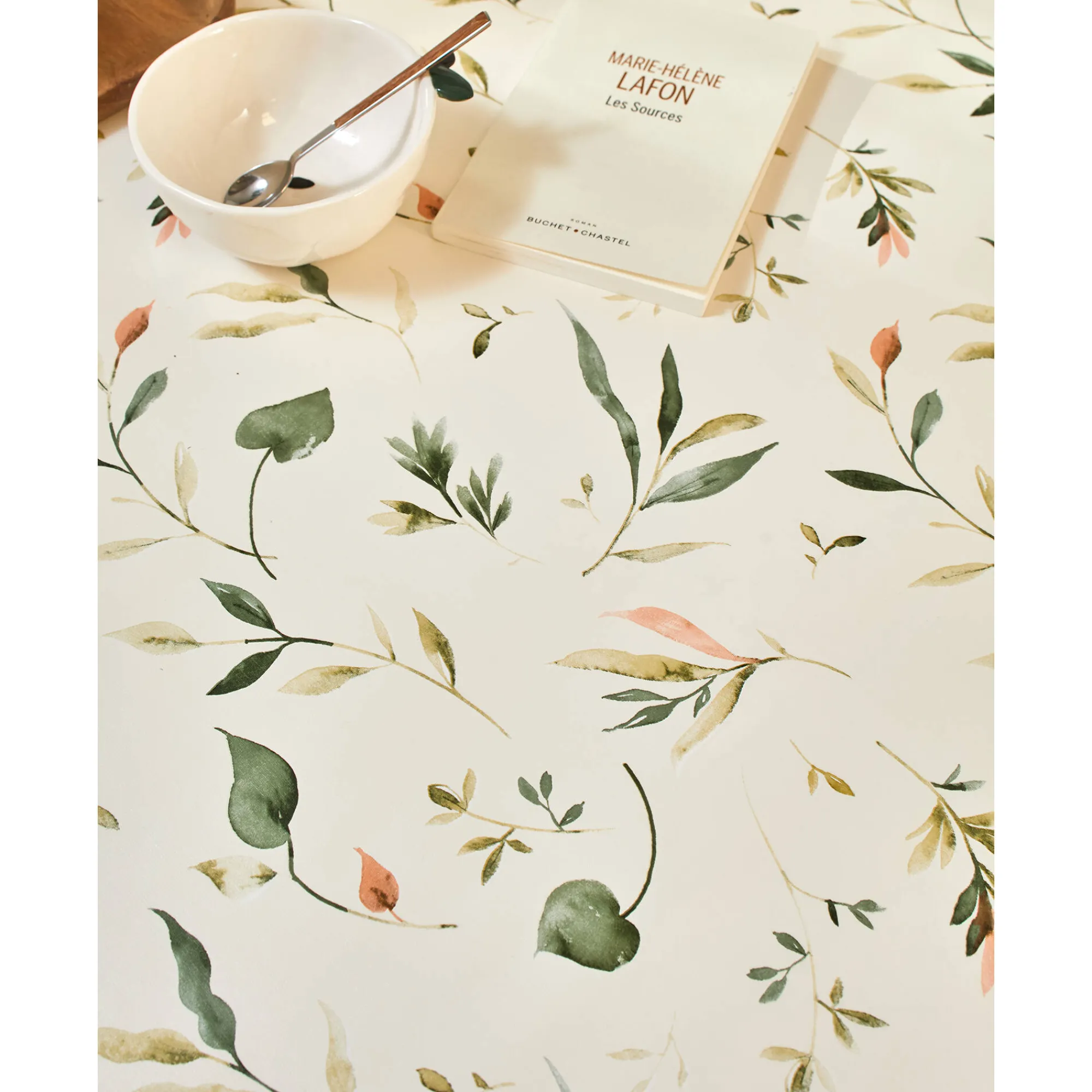 Tafelkleed<Blancheporte Tafellaken in toile cirée, met bloemenprint ecru / groen