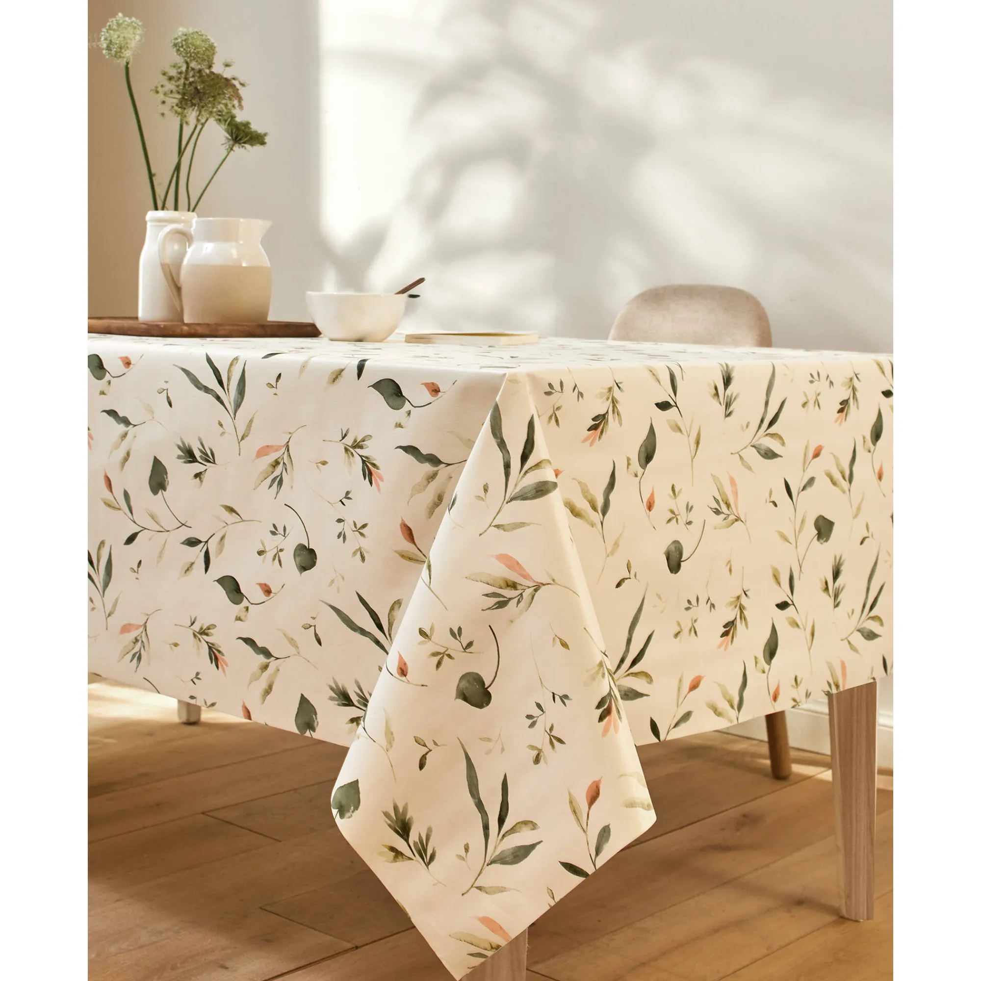 Tafelkleed<Blancheporte Tafellaken in toile cirée, met bloemenprint ecru / groen