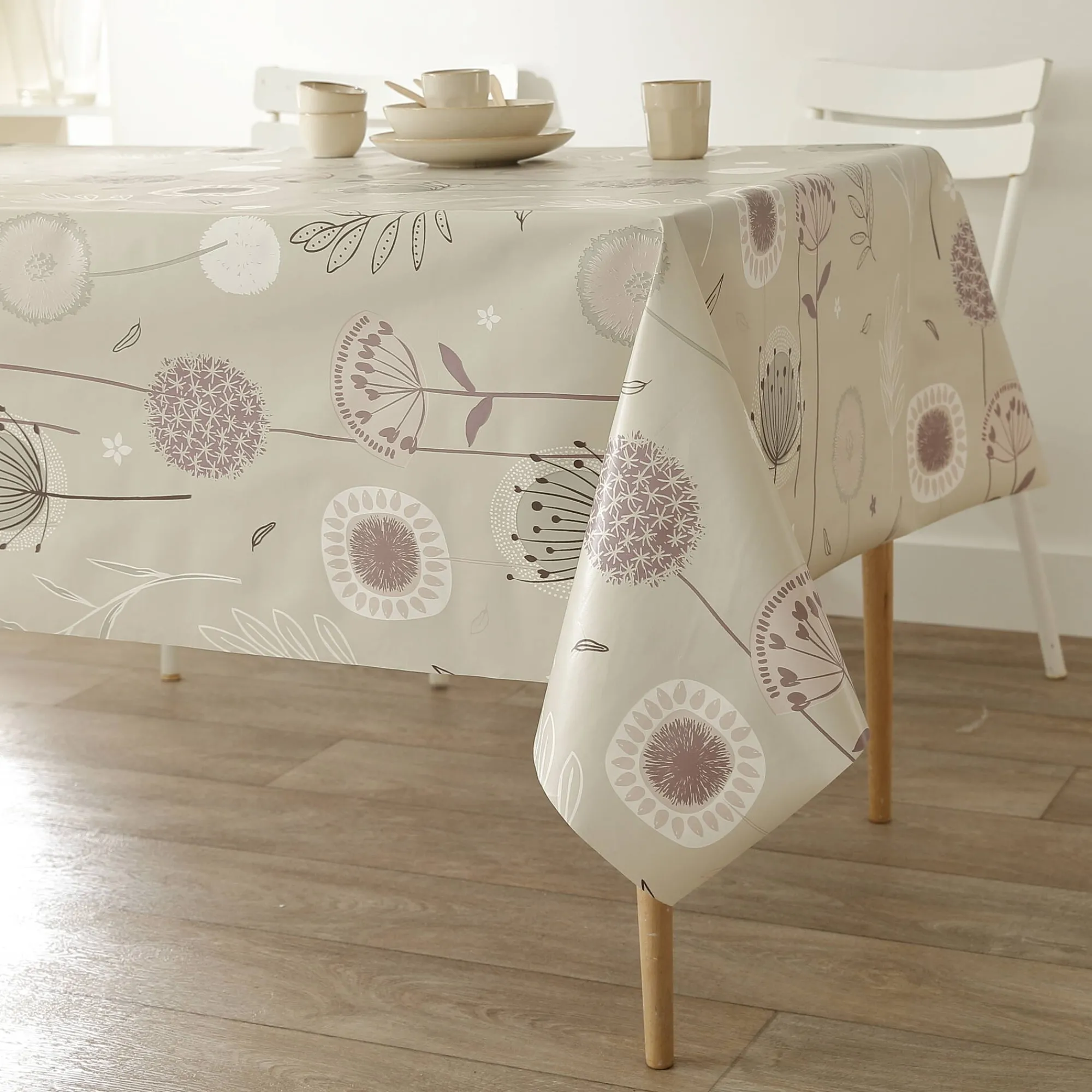 Tafelkleed<Blancheporte Tafellaken in toile cirée met paardenbloemmotief taupe