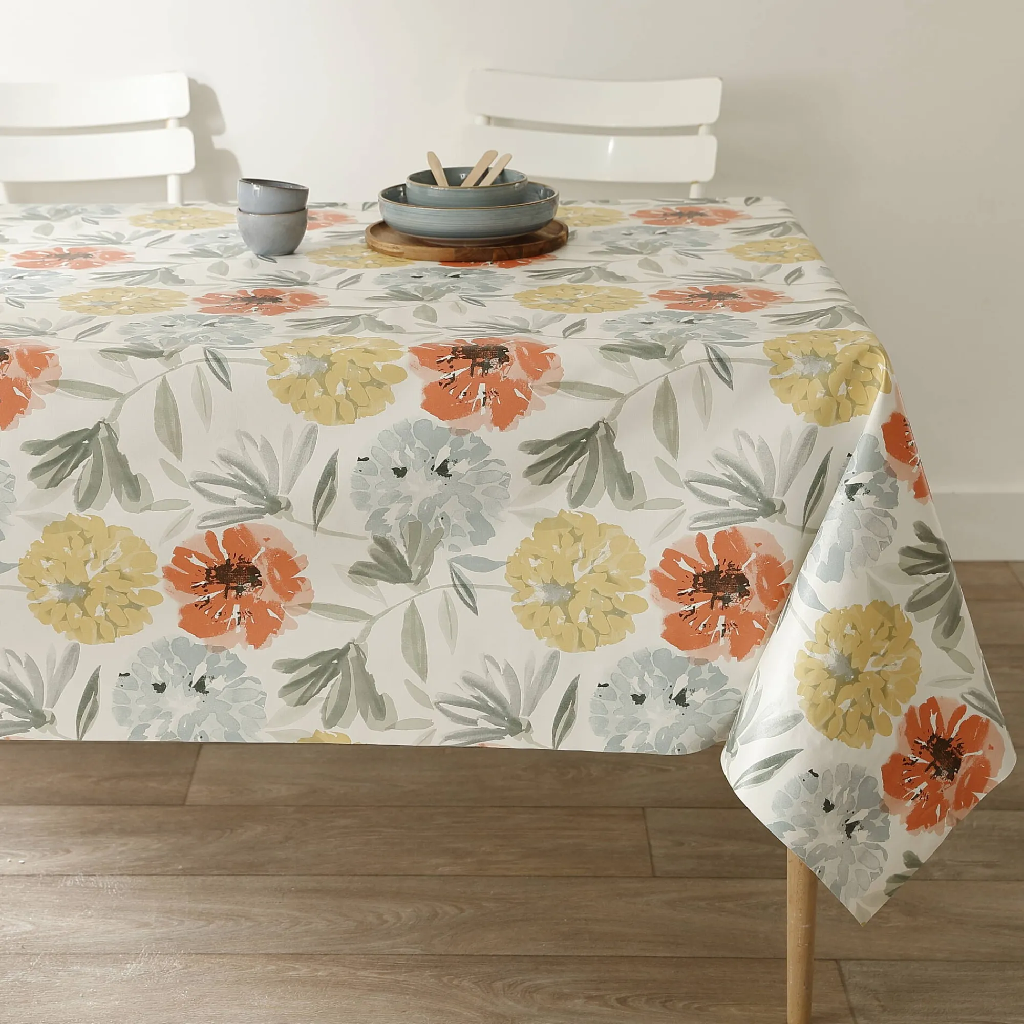 Tafelkleed<Blancheporte Tafellaken in toile cirée met grote bloemenprint geel / koraal