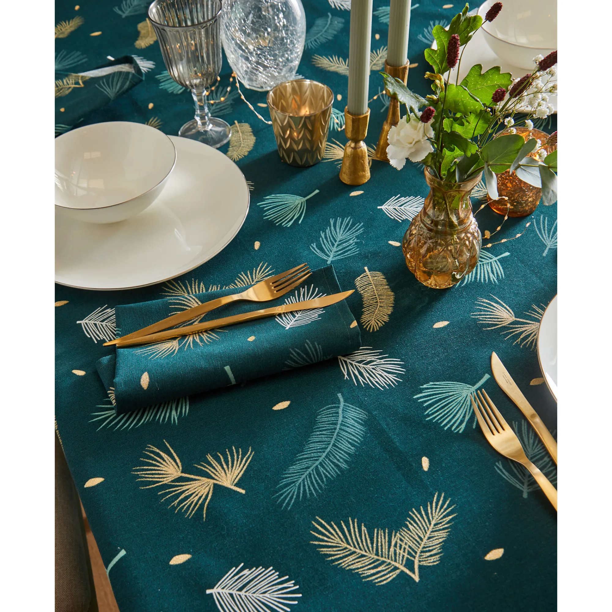 Feesttafel|Tafellaken En Tafelloper<Blancheporte Tafellaken met goudkleurige bladerenprint groen / goudkleurig
