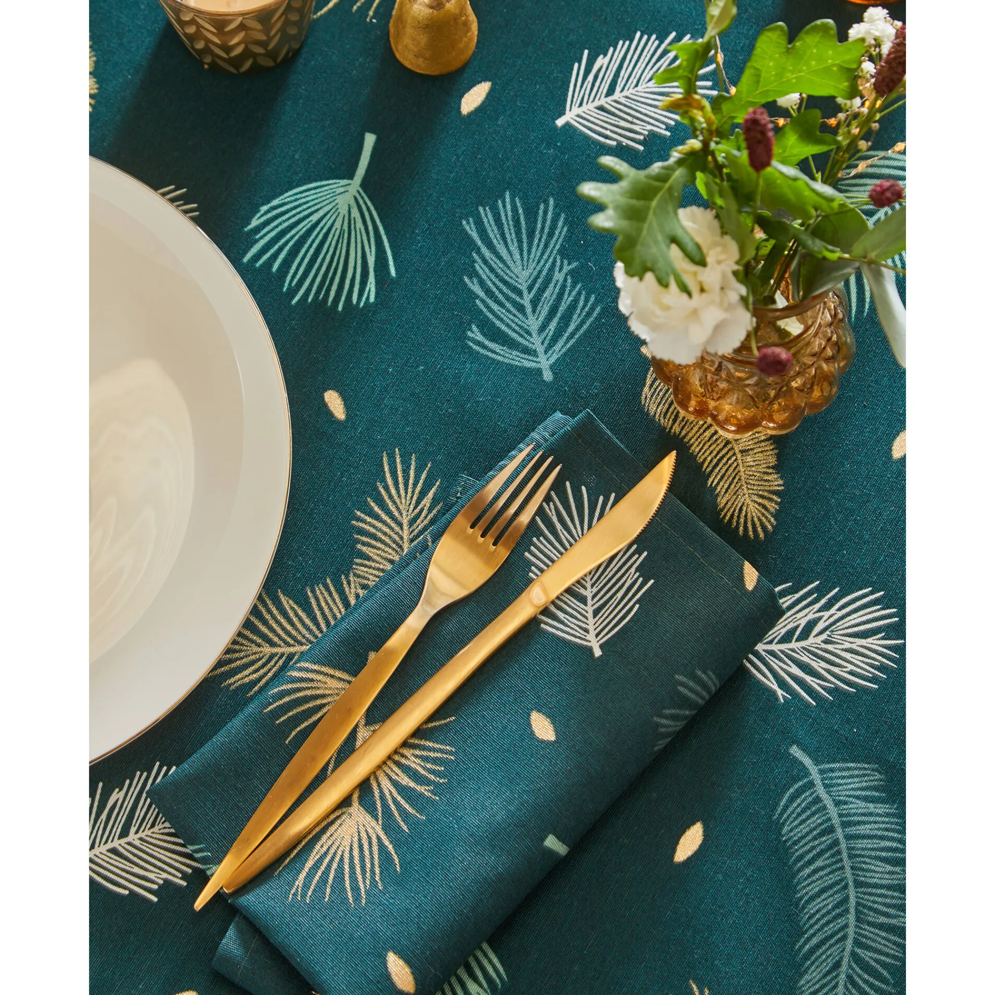 Feesttafel|Tafellaken En Tafelloper<Blancheporte Tafellaken met goudkleurige bladerenprint groen / goudkleurig