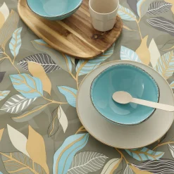 Tafelkleed<Blancheporte Tafelzeil met bladerenprint bruin / turkoois