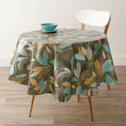 Tafelkleed<Blancheporte Tafelzeil met bladerenprint bruin / turkoois