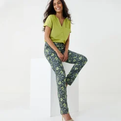 Broek<Blancheporte Tapered broek in katoen-linnen, etnische print kaki