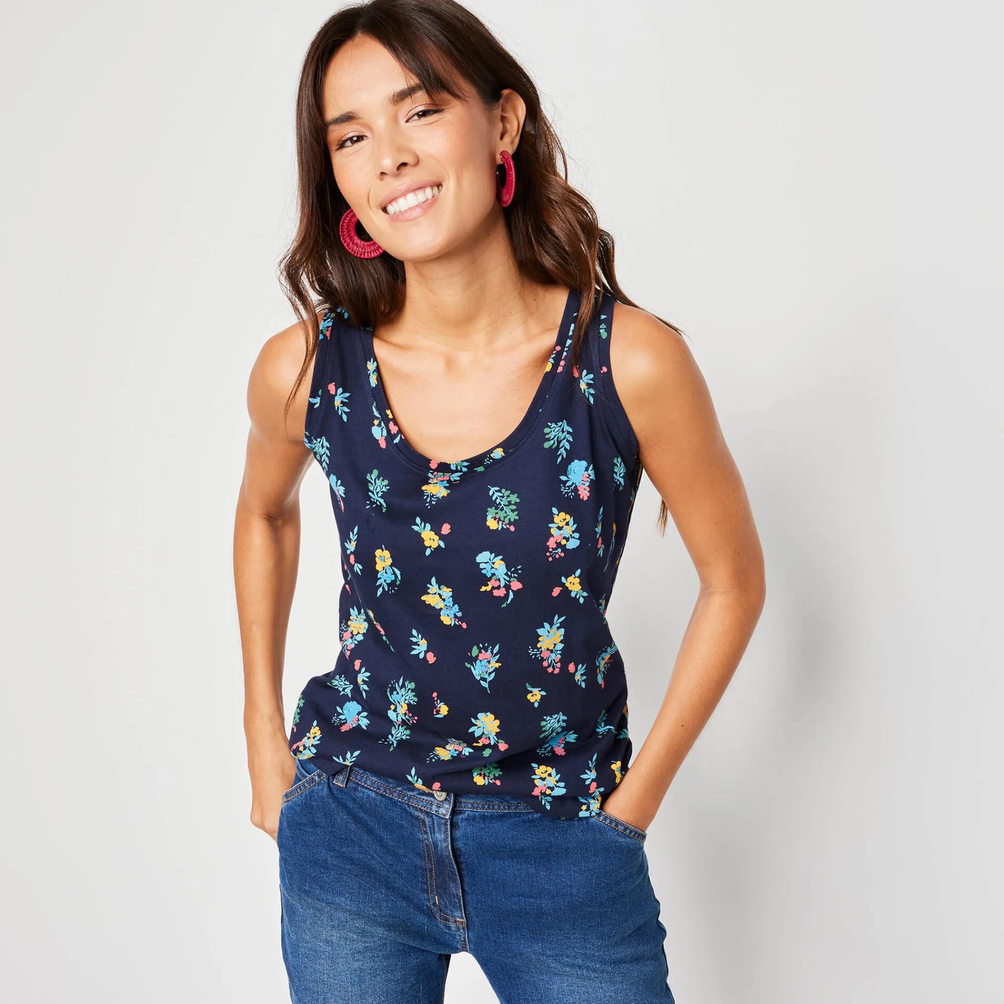 T-Shirt En Topje<Blancheporte Topje in katoen met brede bandjes, bloemenprint marine