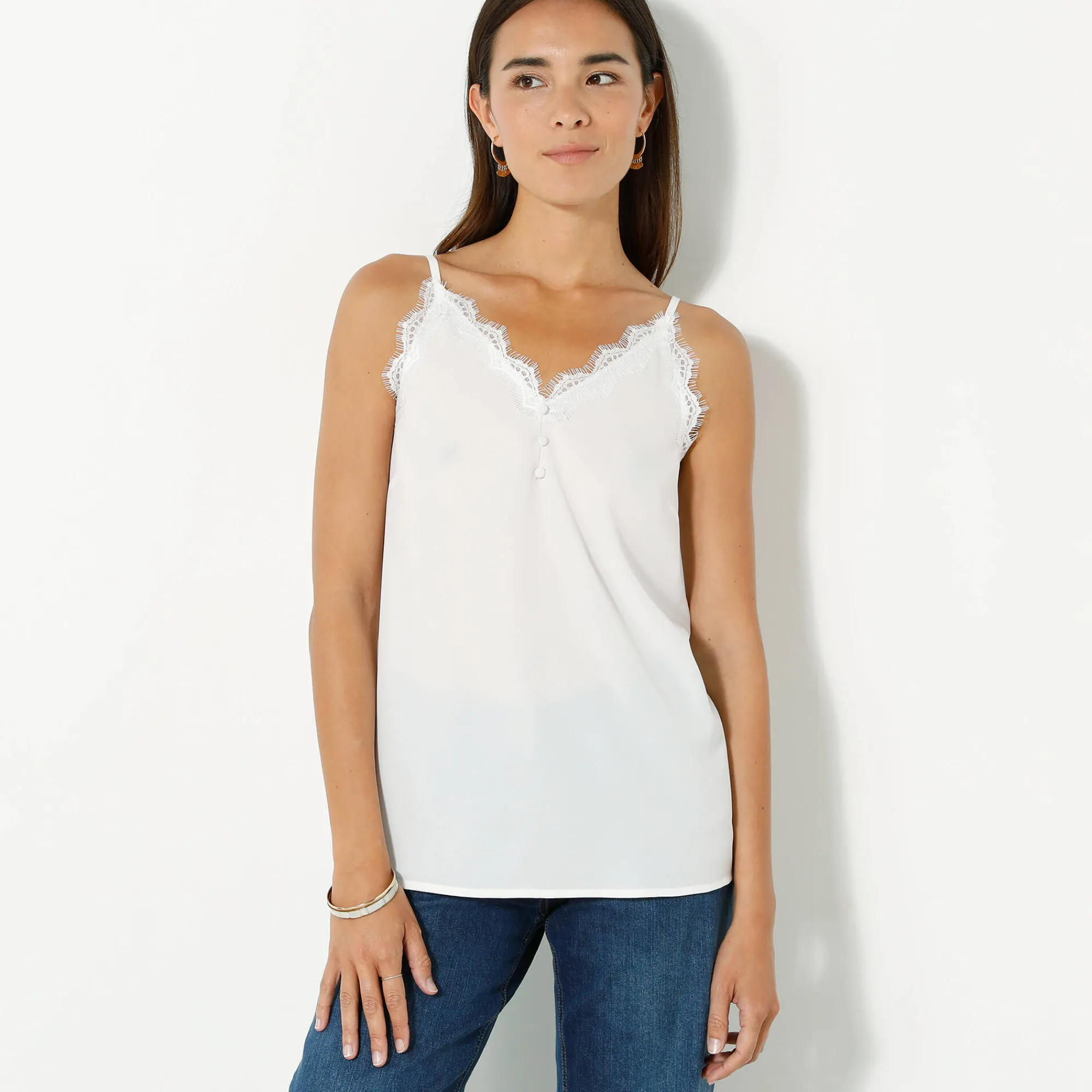 Bloes En Tuniek<Blancheporte Topje met kant en knopen in crêpe ecru