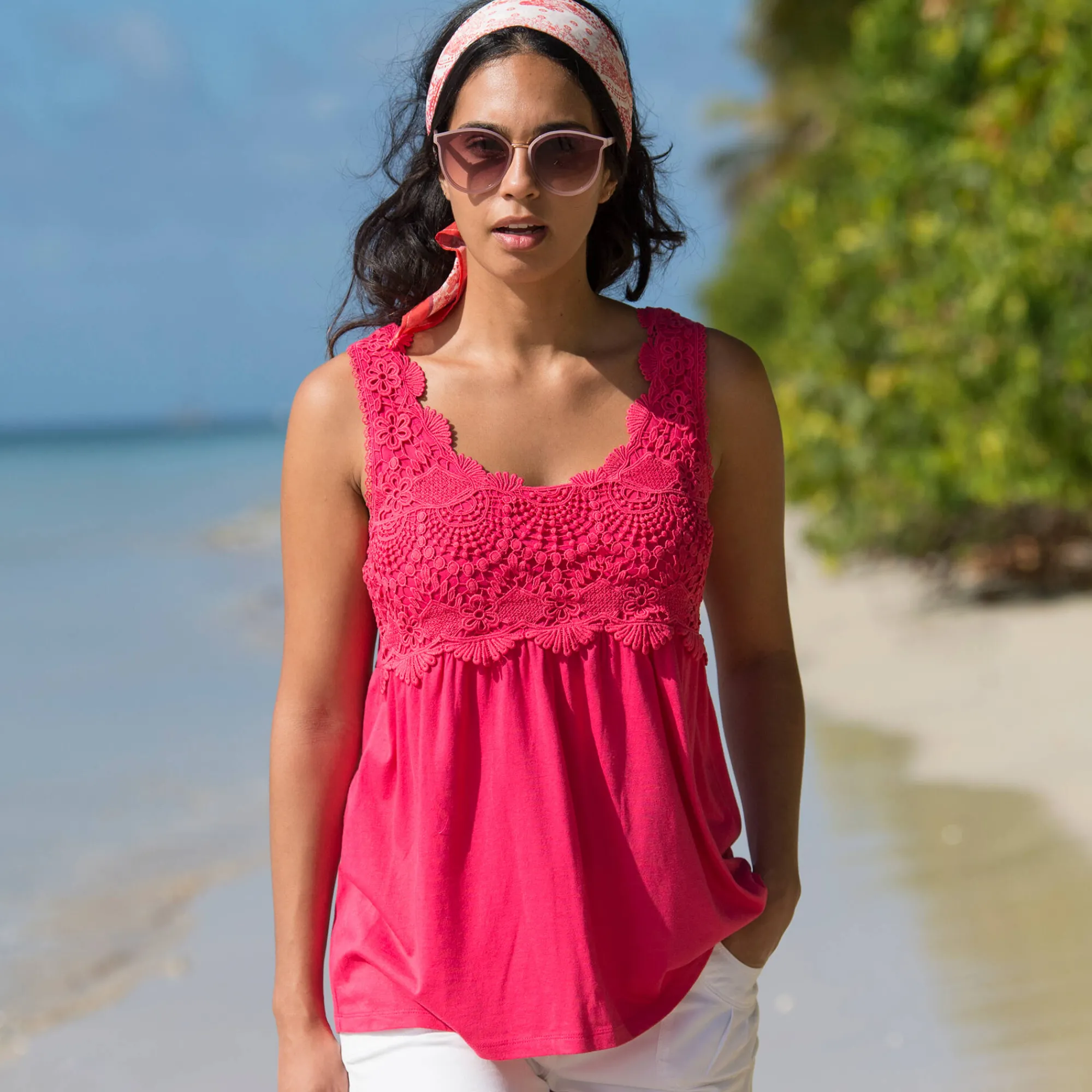 T-Shirt En Topje<Blancheporte Topje met macramé framboos
