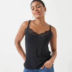 T-Shirt En Topje<Blancheporte Topje met V-hals in kant, verstelbare bandjes zwart