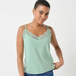 T-Shirt En Topje<Blancheporte Topje met V-hals in kant, verstelbare bandjes amandel groen