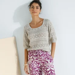 Trui En Vest<Blancheporte Trui in fantasie ajourtricot, mouwen op ellebooglengte beige