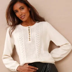 Trui En Vest<Blancheporte Trui in fantasietricot met Tunesische hals ecru
