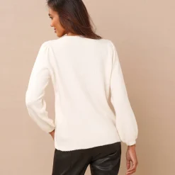 Trui En Vest<Blancheporte Trui in fantasietricot met Tunesische hals ecru
