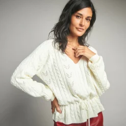 Trui En Vest<Lora Zellini Trui in fantasietricot met V-hals ecru