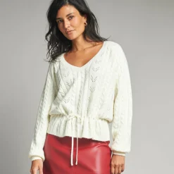 Trui En Vest<Lora Zellini Trui in fantasietricot met V-hals ecru