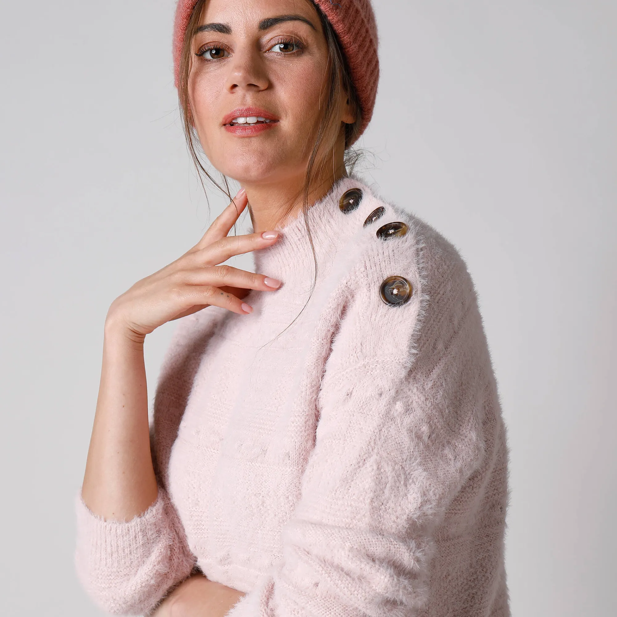 Trui En Vest<Blancheporte Trui in harig fantasietrioct met opstaand kraagje poederroze