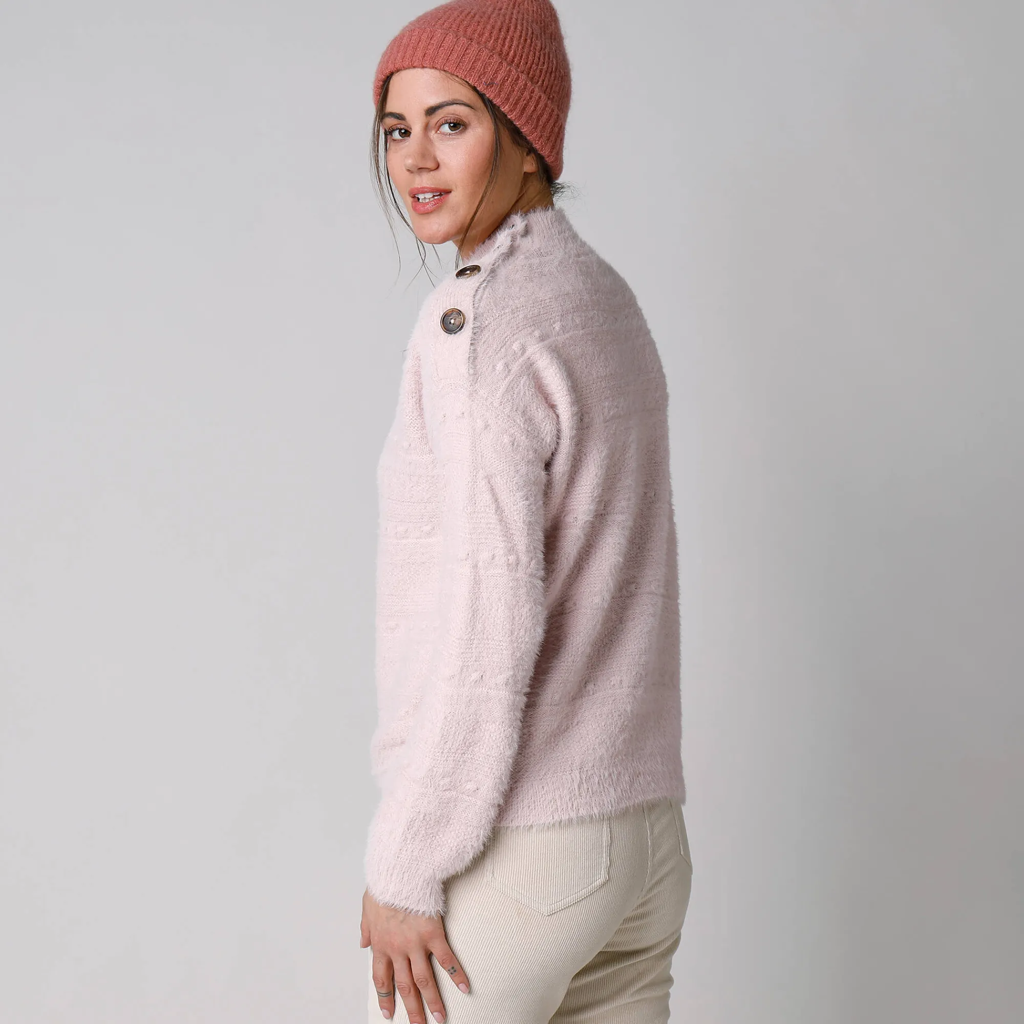 Trui En Vest<Blancheporte Trui in harig fantasietrioct met opstaand kraagje poederroze