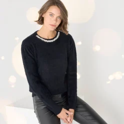 Feestoutfits Dames|Trui En Vest<Blancheporte Trui in harig tricot met strasjes zwart