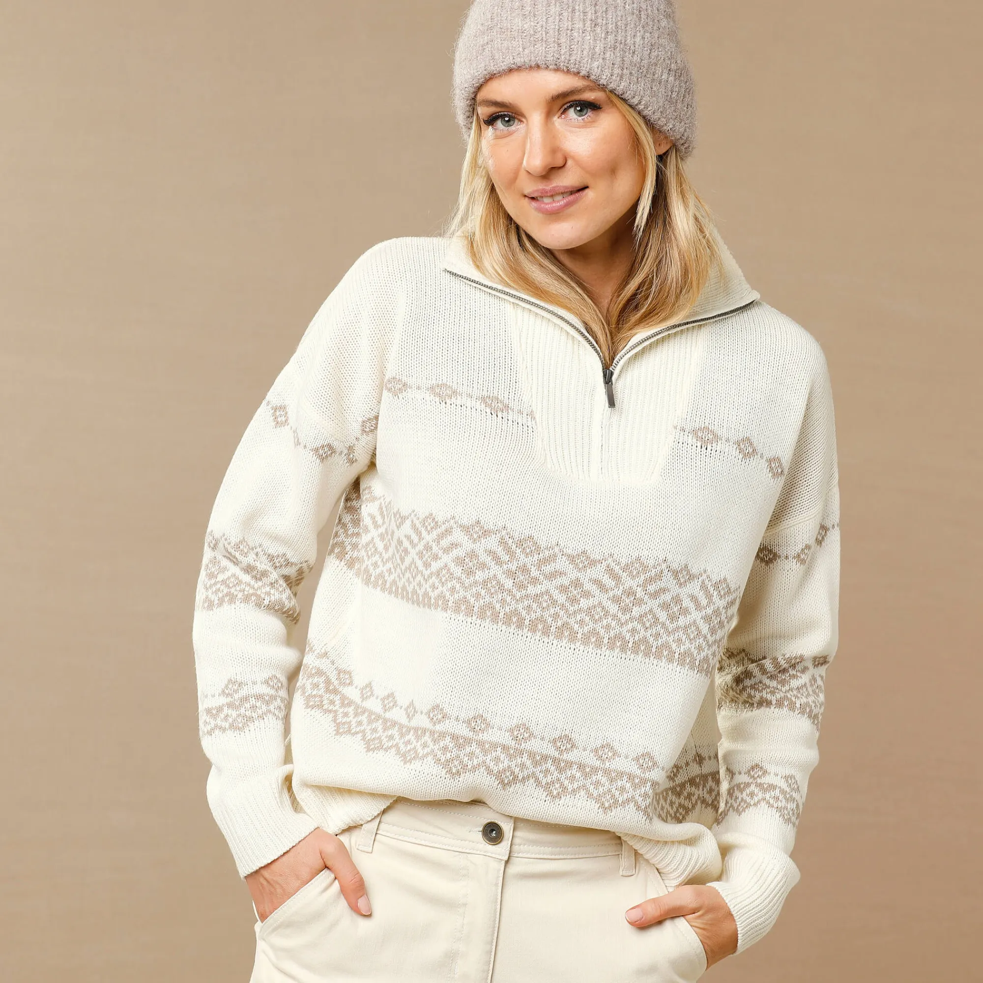 Trui En Vest<Blancheporte Trui in jacquard, truckerskraag met rits ecru / beige