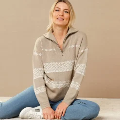 Trui En Vest<Blancheporte Trui in jacquard, truckerskraag met rits hazelnootbruin / ecru