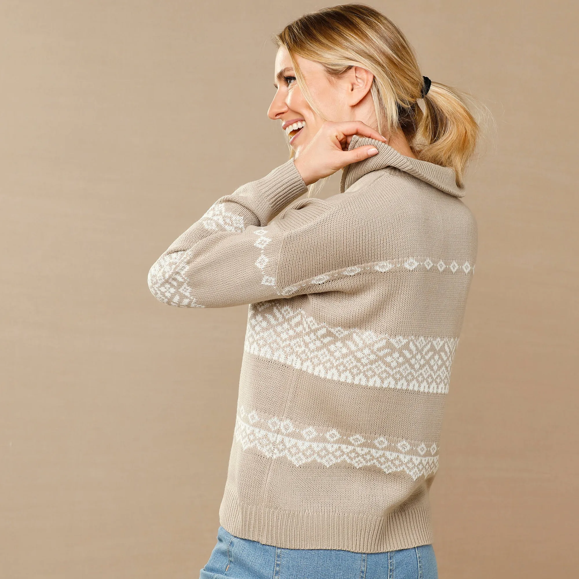 Trui En Vest<Blancheporte Trui in jacquard, truckerskraag met rits hazelnootbruin / ecru