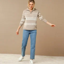 Trui En Vest<Blancheporte Trui in jacquard, truckerskraag met rits hazelnootbruin / ecru