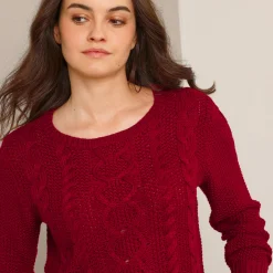 Trui En Vest<Blancheporte Trui in kabeltricot, ronde hals donkerrood