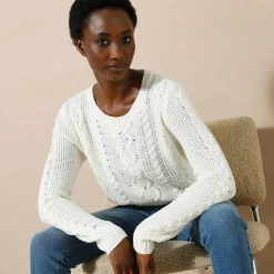 Trui En Vest<Blancheporte Trui in kabeltricot, ronde hals ecru