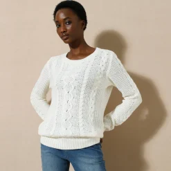 Trui En Vest<Blancheporte Trui in kabeltricot, ronde hals ecru