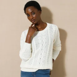 Trui En Vest<Blancheporte Trui in kabeltricot, ronde hals ecru