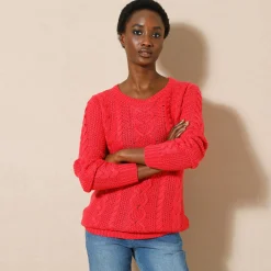 Trui En Vest<Blancheporte Trui in kabeltricot, ronde hals rood