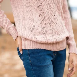 Trui En Vest<Blancheporte Trui in kabeltricot, ronde hals poederroze