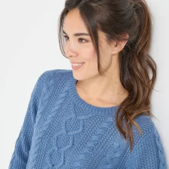 Trui En Vest<Blancheporte Trui in kabeltricot, ronde hals jeansblauw