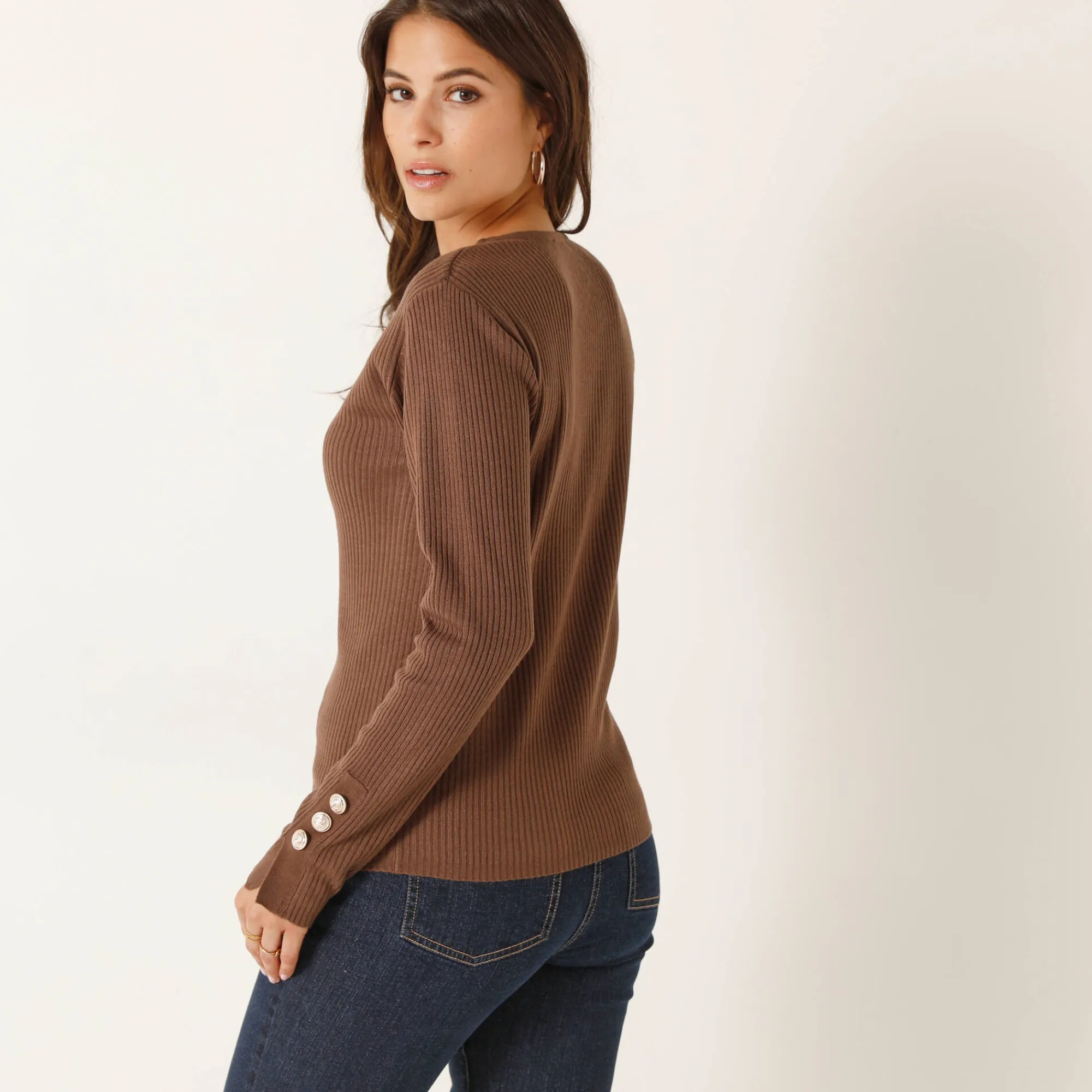 Trui En Vest<Blancheporte Trui in kouseribbeltricot, met officiersknopen chocolade