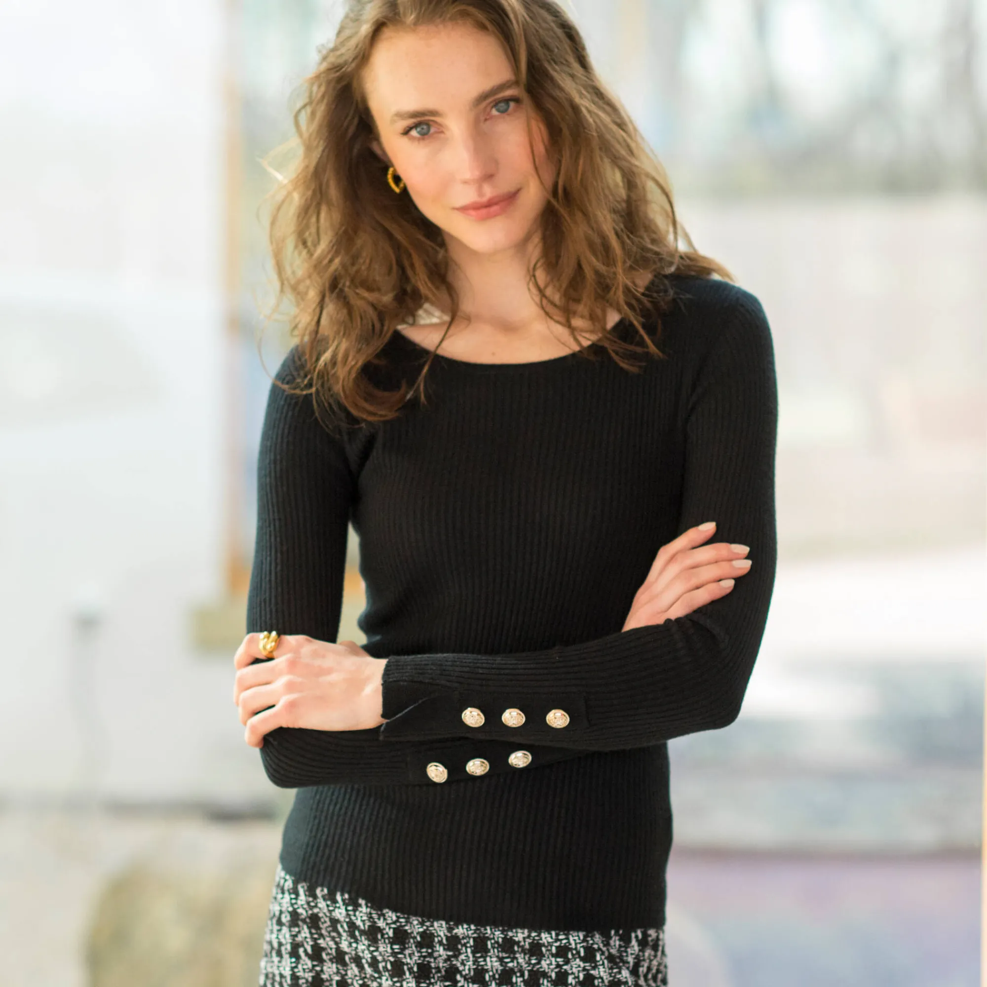 Trui En Vest<Blancheporte Trui in kouseribbeltricot, met officiersknopen zwart