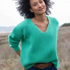 Trui En Vest<Blancheporte Trui in loose model met V-hals, patenttricot met zachte touch smaragdgroen