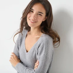 Trui En Vest<Blancheporte Trui in loose model met V-hals, patenttricot met zachte touch chiné grijs