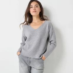 Trui En Vest<Blancheporte Trui in loose model met V-hals, patenttricot met zachte touch chiné grijs