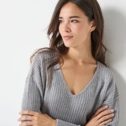 Trui En Vest<Blancheporte Trui in loose model met V-hals, patenttricot met zachte touch chiné grijs