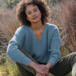 Trui En Vest<Blancheporte Trui in loose model met V-hals, patenttricot met zachte touch blauw