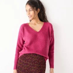 Trui En Vest<Blancheporte Trui in loose model met V-hals, patenttricot met zachte touch framboos