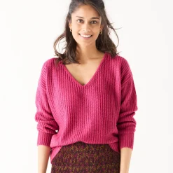 Trui En Vest<Blancheporte Trui in loose model met V-hals, patenttricot met zachte touch framboos