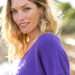 Trui En Vest<Blancheporte Trui in loose model met V-hals, patenttricot met zachte touch paars