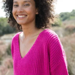 Trui En Vest<Blancheporte Trui in loose model met V-hals, patenttricot met zachte touch fuchsiaroze