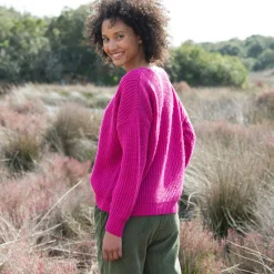 Trui En Vest<Blancheporte Trui in loose model met V-hals, patenttricot met zachte touch fuchsiaroze