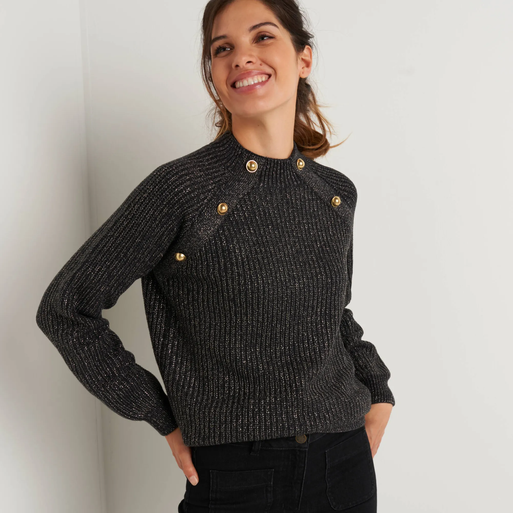 Feestoutfits Dames|Trui En Vest<Blancheporte Trui in patenttricot en glanzende draad, met knopen chiné antraciet